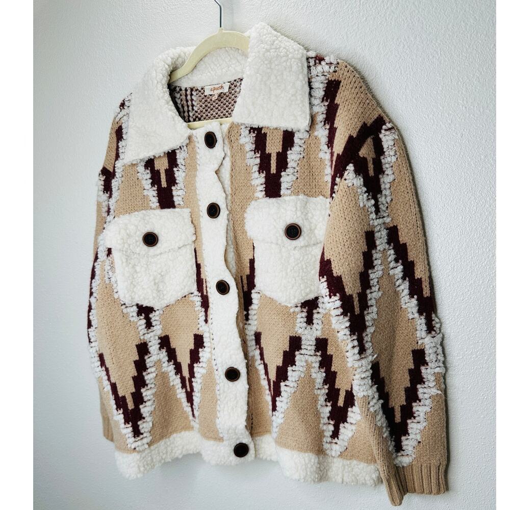 a. peach Tan Ivory Burgundy Southwest Print Button Collared Sweater Jacket S - Picture 4 of 13